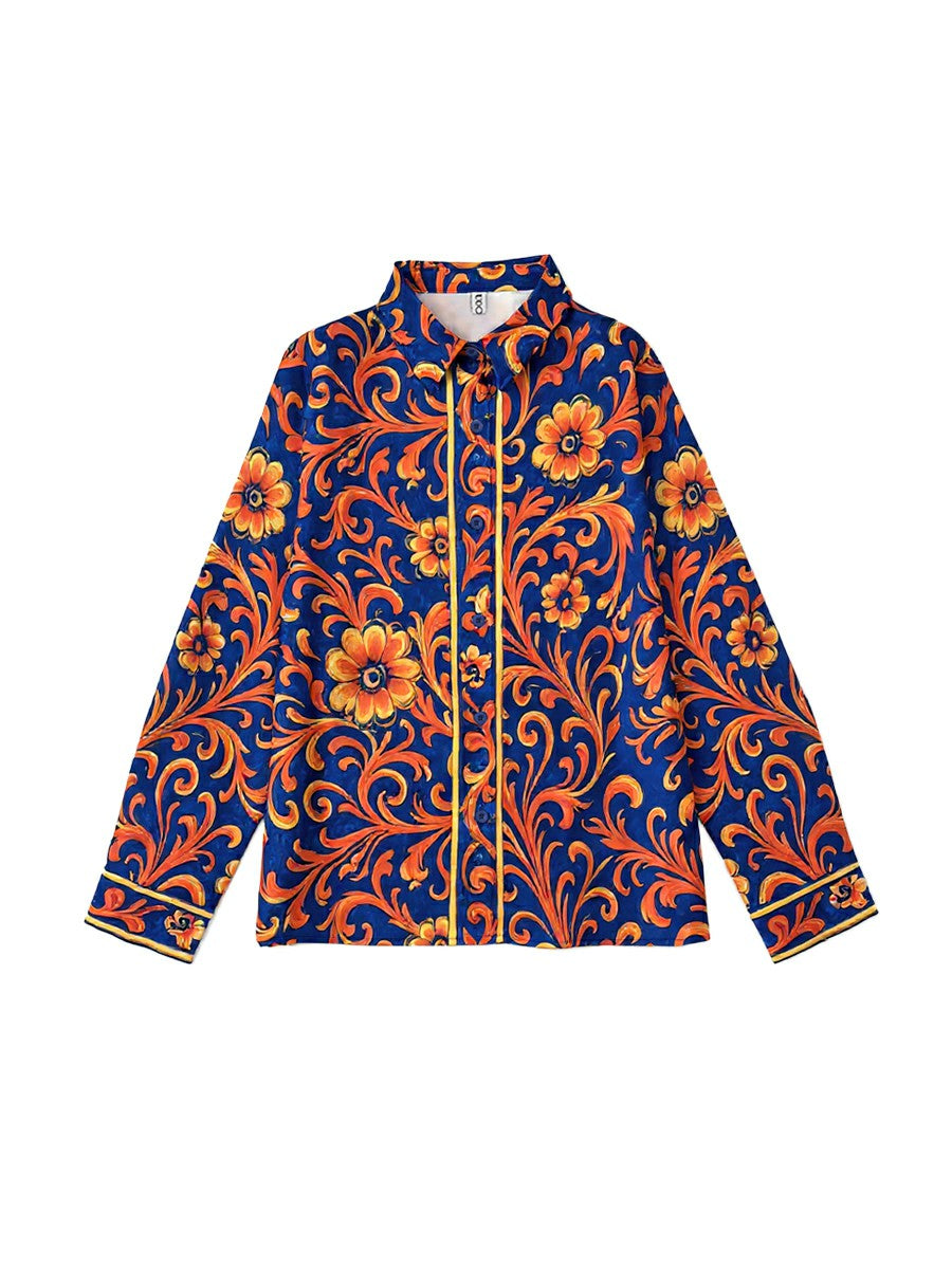 Camicia blu con stampa floreale e maniche lunghe