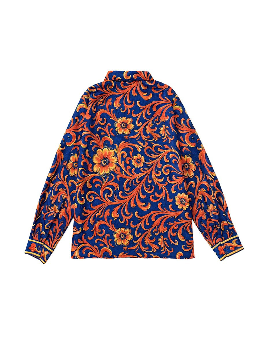 Camicia blu con stampa floreale e maniche lunghe