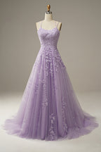 Abito da ballo lungo lavanda in tulle con pizzo floreale