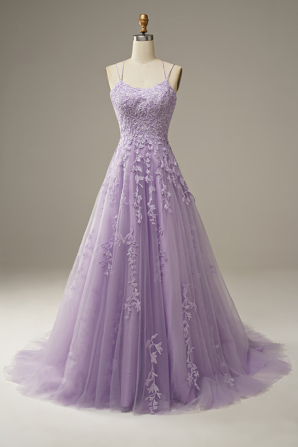 Abito da ballo lungo lavanda in tulle con pizzo floreale