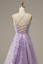 Abito da ballo lungo lavanda in tulle con pizzo floreale
