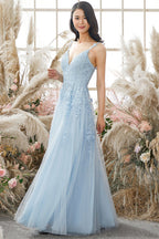 Abito da ballo lungo lavanda in tulle con pizzo floreale