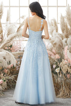Abito da ballo lungo lavanda in tulle con pizzo floreale