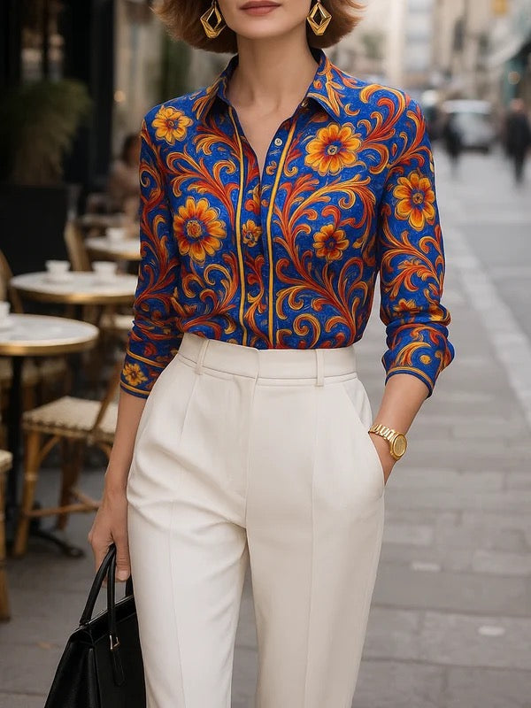 Camicia blu con stampa floreale e maniche lunghe