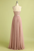 Abito da ballo lungo rosa con ricami e spalline incrociate
