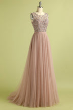 Abito lungo in tulle rosa cipria con cristalli
