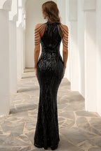 Abito lungo a sirena in paillettes nere con perline