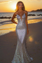 Abito da sera lungo argento con paillettes e scollo a V