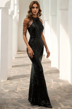 Abito lungo a sirena in paillettes nere con perline