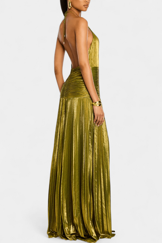 Abito lungo verde metallizzato halter con spacco – Rossa