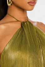 Abito lungo verde metallizzato halter con spacco – Rossa
