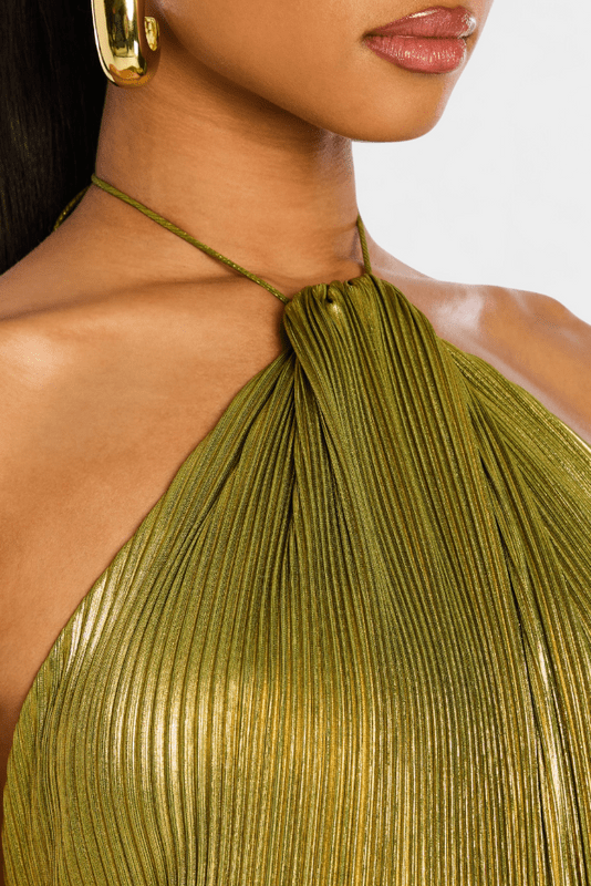 Abito lungo verde metallizzato halter con spacco – Rossa