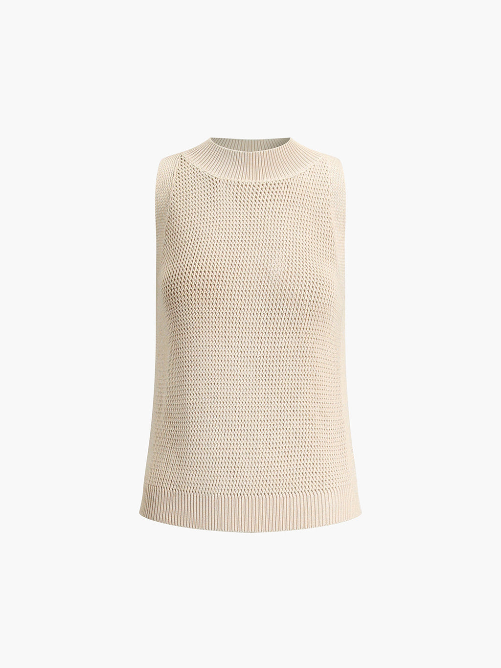 Top beige senza maniche in maglia traforata