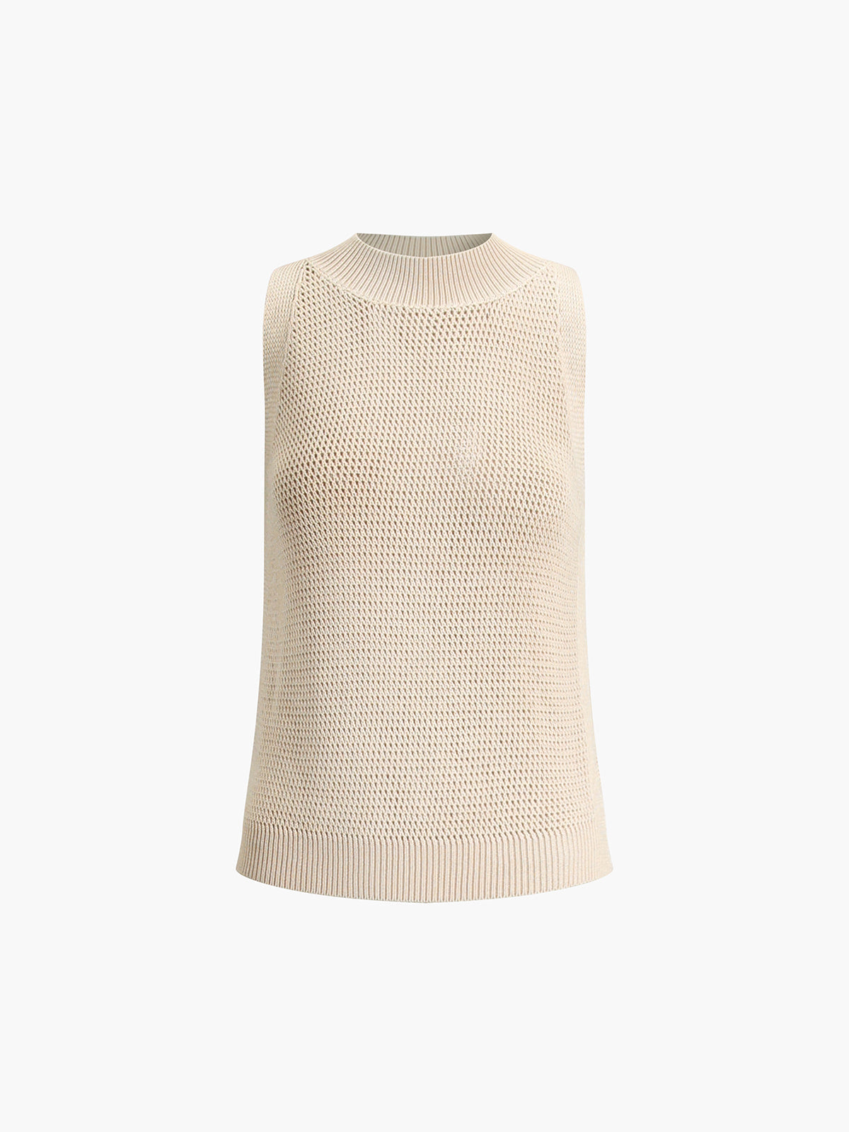 Top beige senza maniche in maglia traforata
