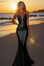 Abito da sera lungo argento con paillettes e scollo a V