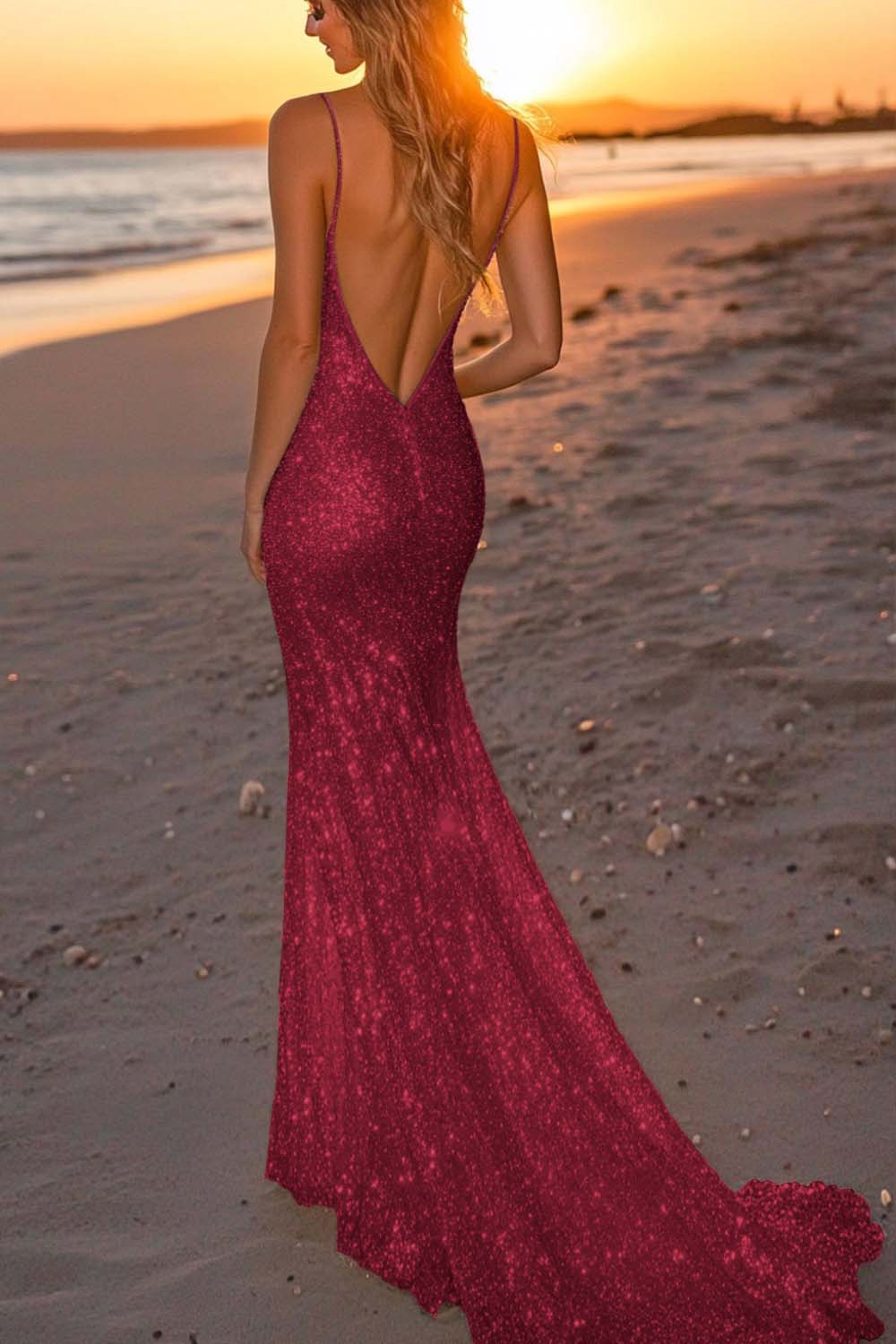 Abito da sera lungo argento con paillettes e scollo a V