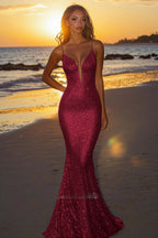 Abito da sera lungo argento con paillettes e scollo a V