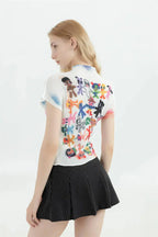 Top bianco con stampa a cartoon e maniche corte