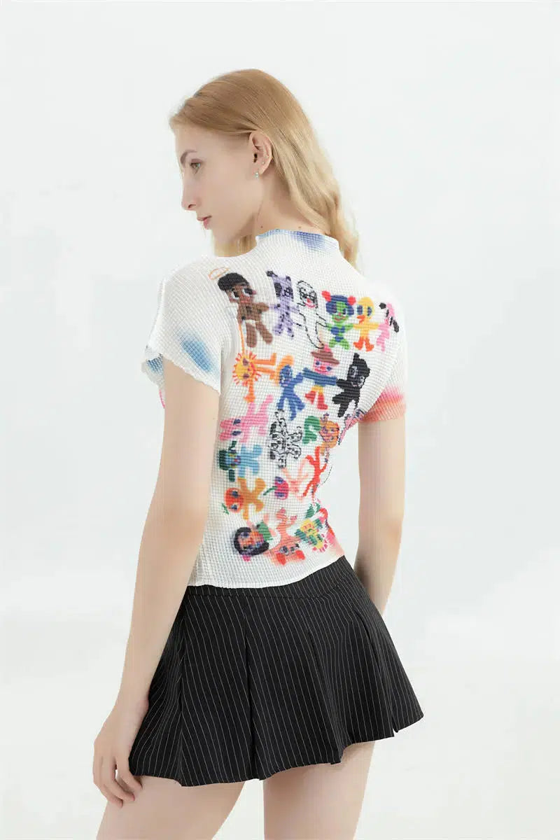 Top bianco con stampa a cartoon e maniche corte