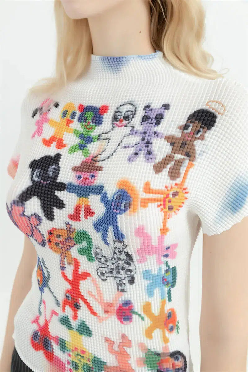 Top bianco con stampa a cartoon e maniche corte