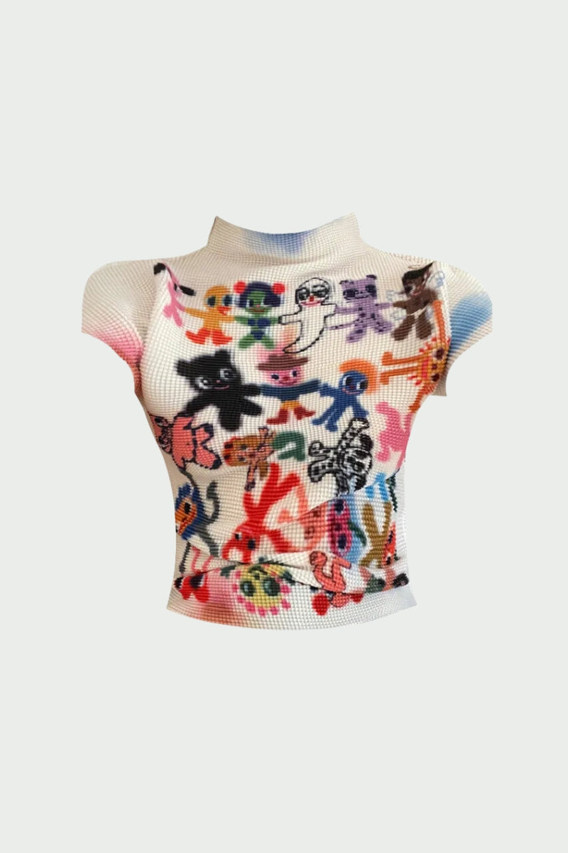Top bianco con stampa a cartoon e maniche corte