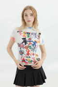 Top bianco con stampa a cartoon e maniche corte