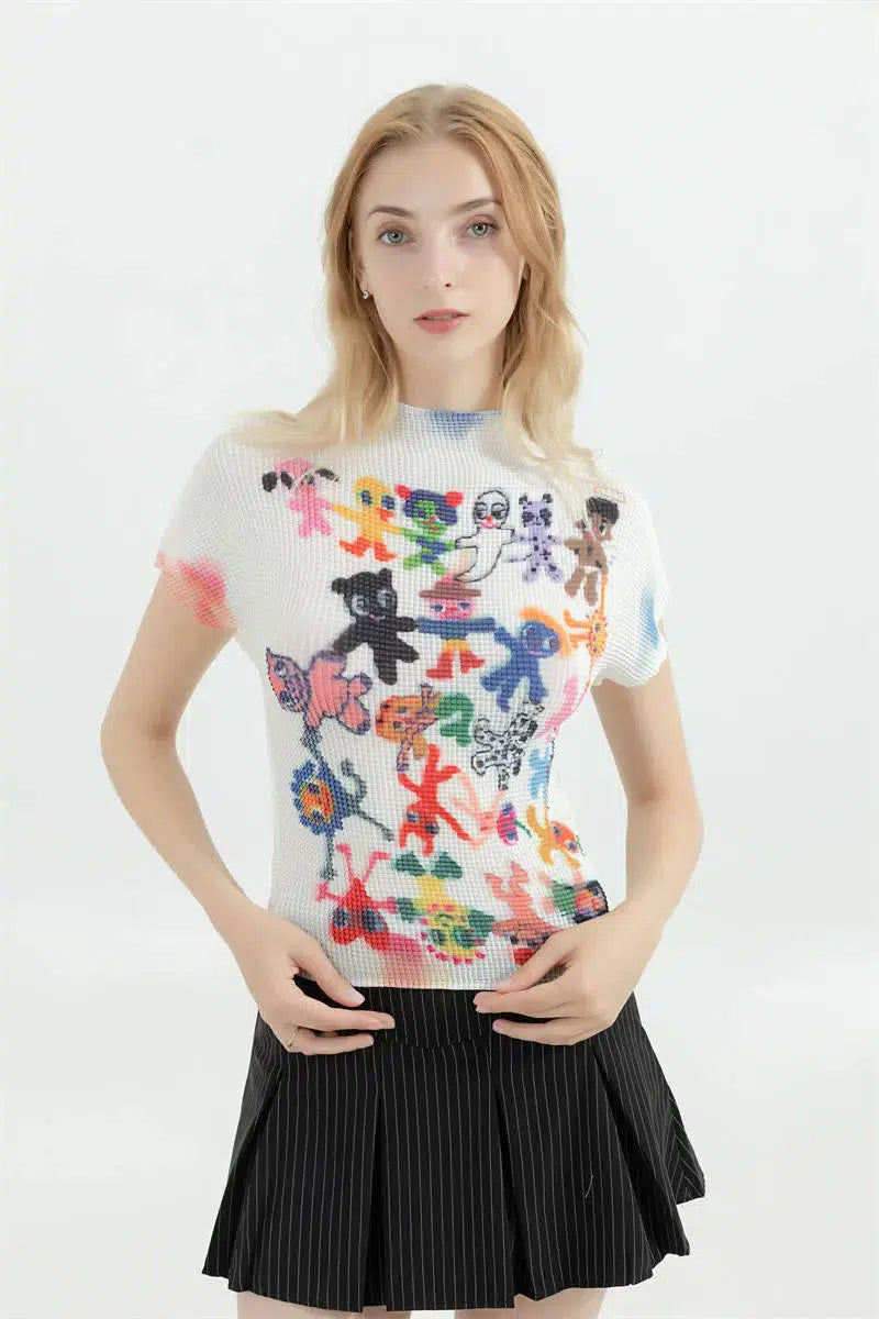 Top bianco con stampa a cartoon e maniche corte