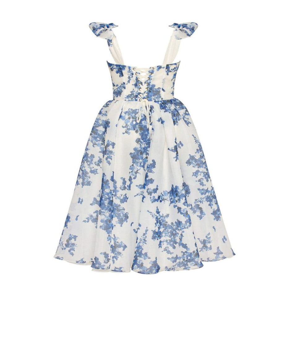 Abito lungo bianco con stampa floreale blu