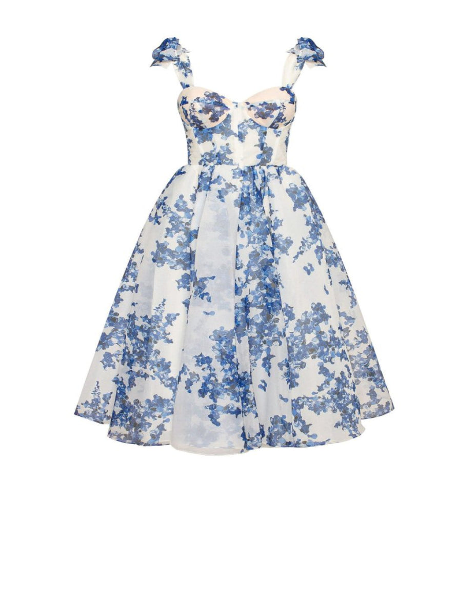 Abito lungo bianco con stampa floreale blu