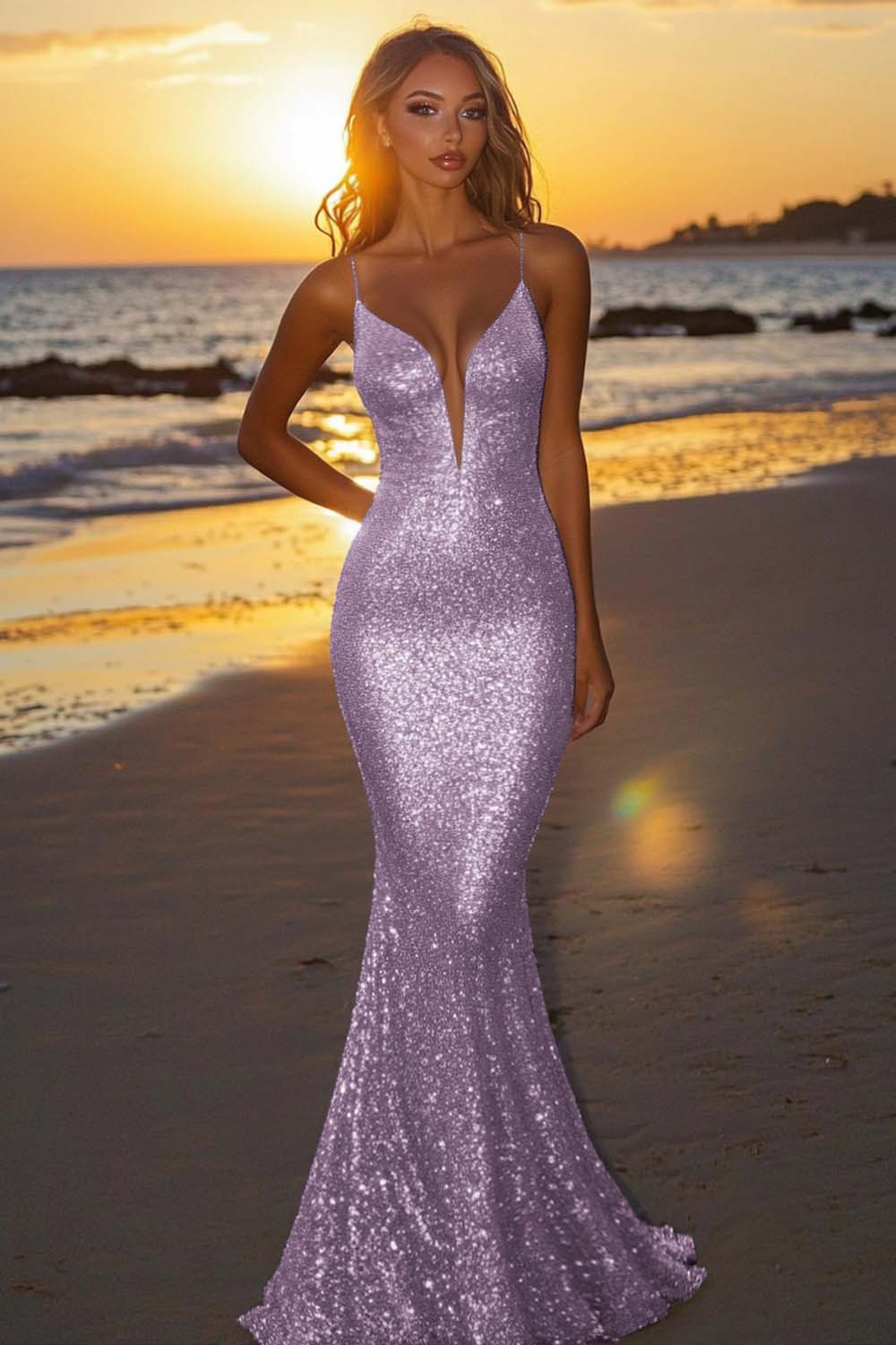 Abito da sera lungo argento con paillettes e scollo a V