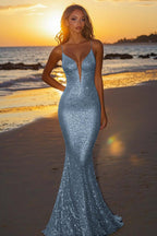 Abito da sera lungo argento con paillettes e scollo a V
