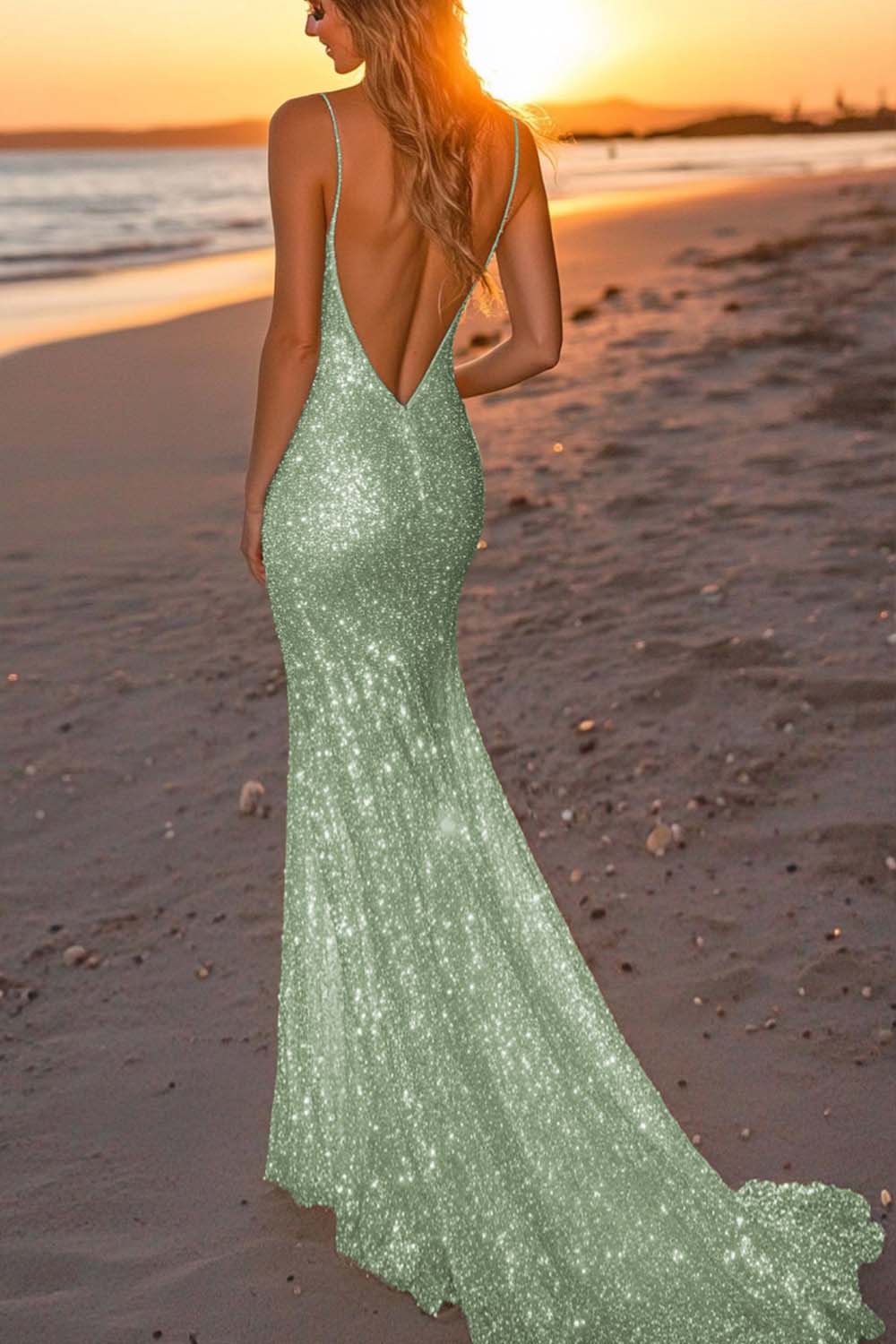 Abito da sera lungo argento con paillettes e scollo a V