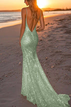 Abito da sera lungo argento con paillettes e scollo a V