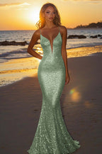 Abito da sera lungo argento con paillettes e scollo a V
