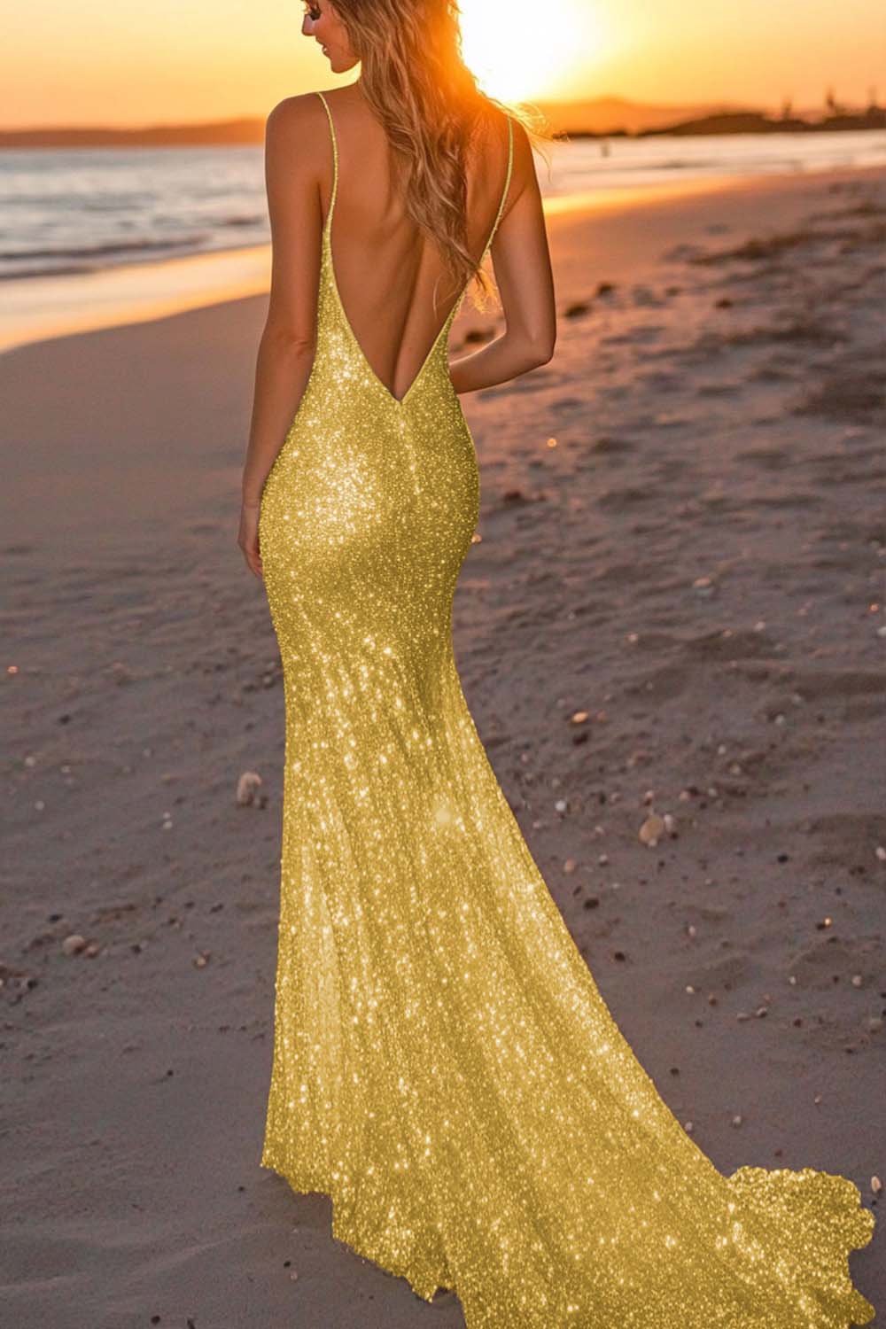 Abito da sera lungo argento con paillettes e scollo a V