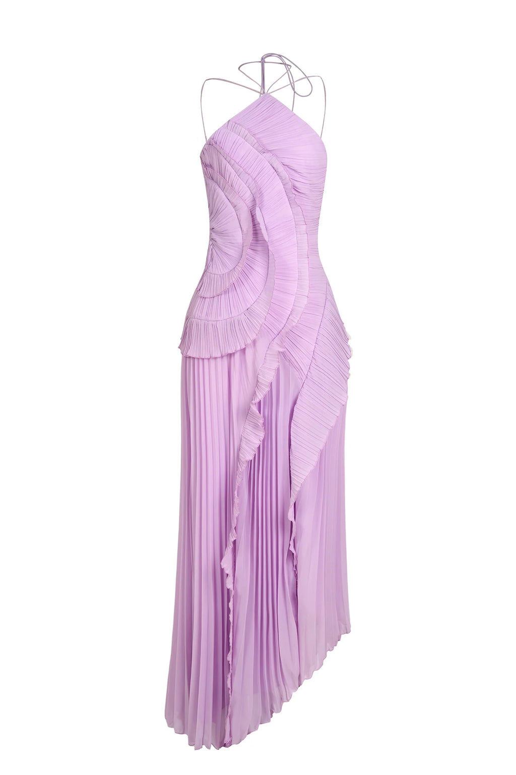 Abito lungo viola con volant e scollo halter