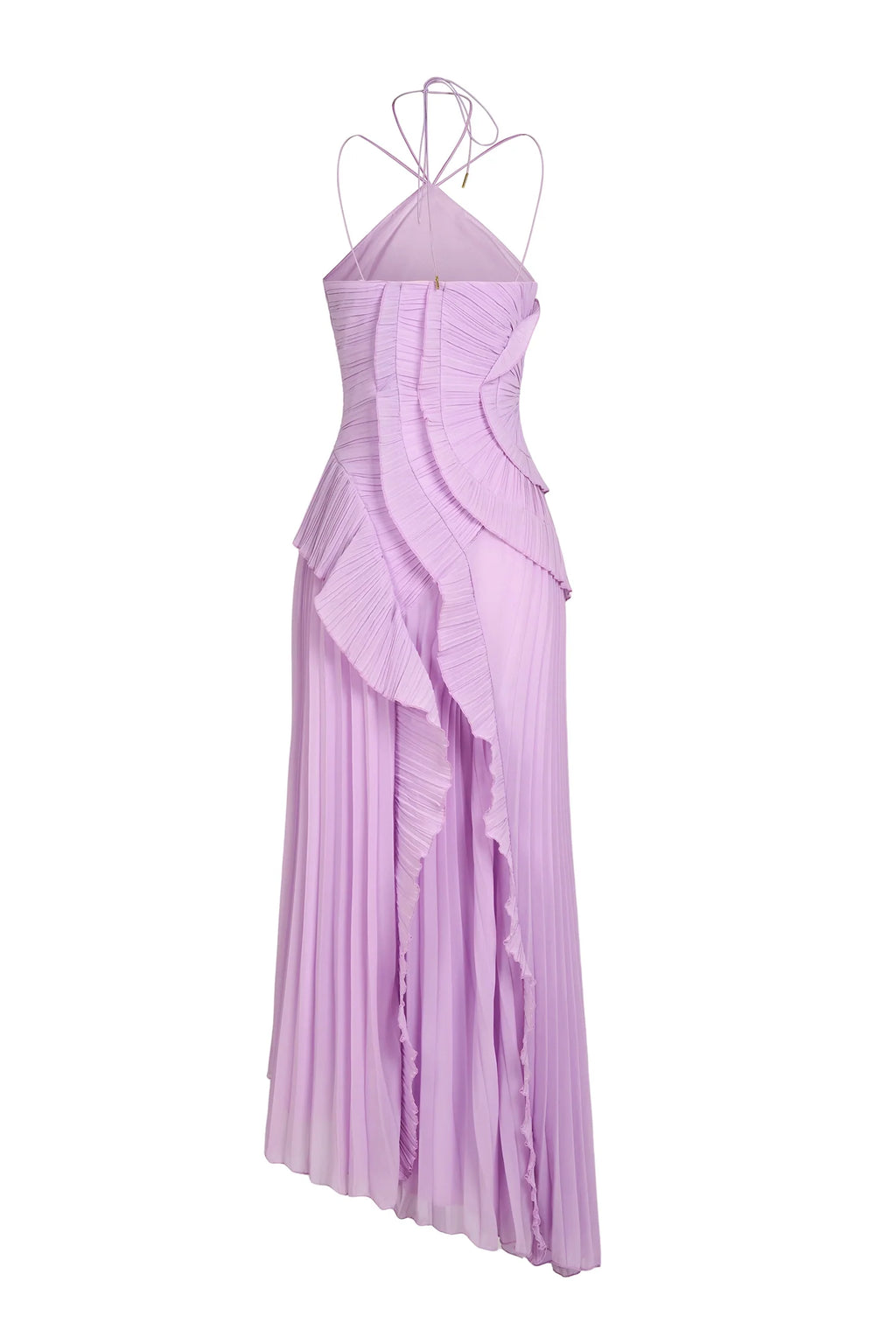 Abito lungo viola con volant e scollo halter