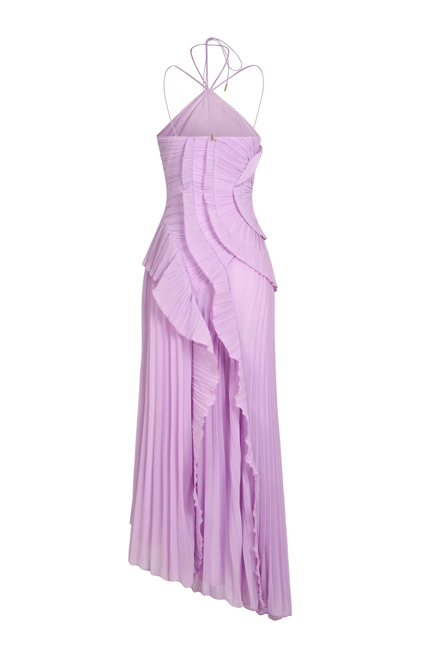 Abito lungo viola con volant e scollo halter