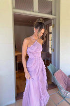 Abito lungo viola con volant e scollo halter