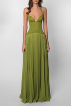 Abito lungo verde corsetto in pizzo con gonna plissé – Kenley