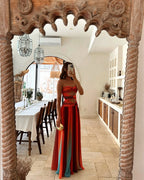 Abito lungo effetto ombre rosso con drappeggio