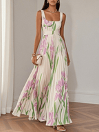 Abito lungo in chiffon con stampa floreale rosa lavanda