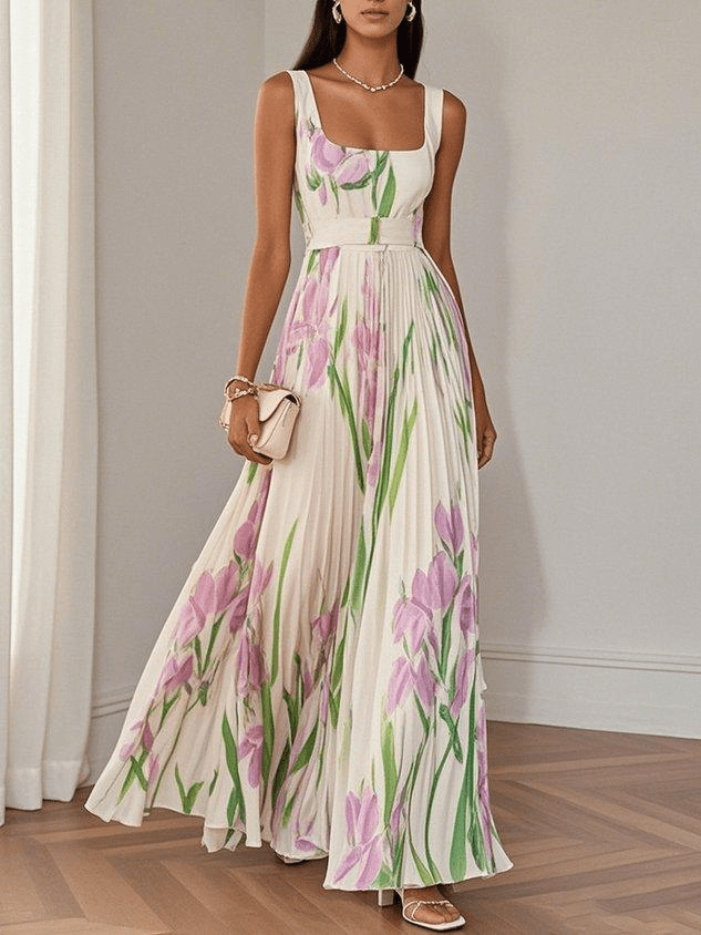 Abito lungo in chiffon con stampa floreale rosa lavanda