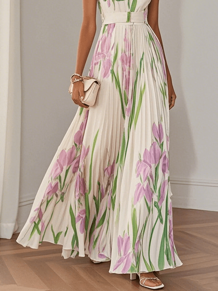 Abito lungo in chiffon con stampa floreale rosa lavanda