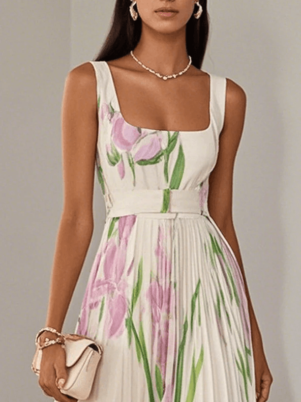 Abito lungo in chiffon con stampa floreale rosa lavanda