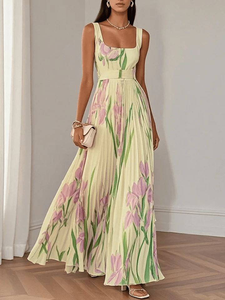 Abito lungo in chiffon con stampa floreale rosa lavanda