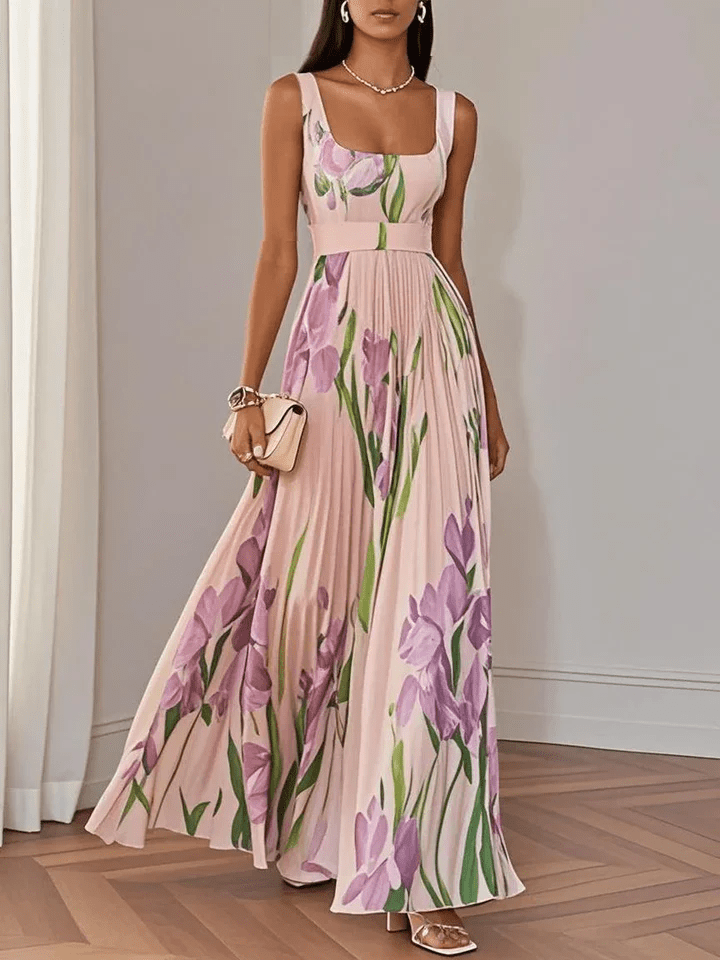Abito lungo in chiffon con stampa floreale rosa lavanda