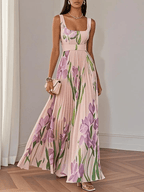 Abito lungo in chiffon con stampa floreale rosa lavanda