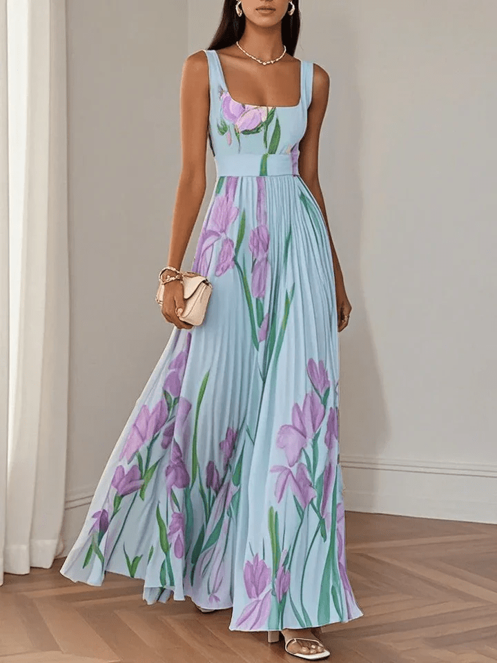 Abito lungo in chiffon con stampa floreale rosa lavanda