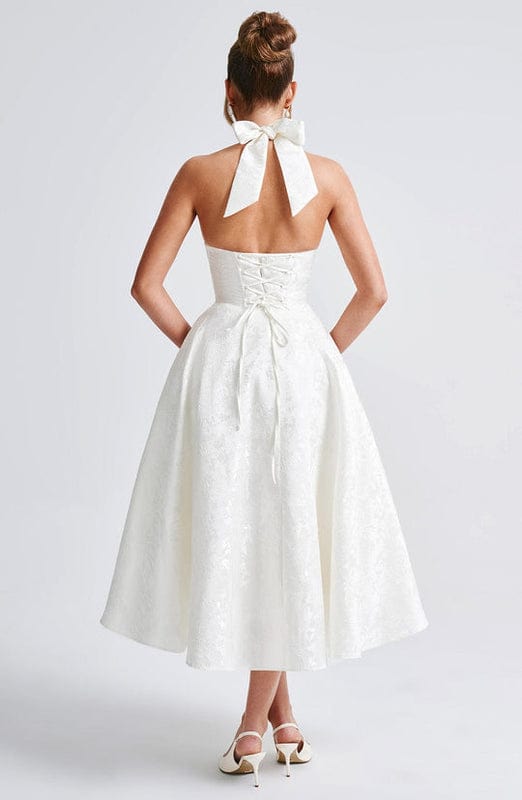 Abito midi bianco avorio halter linea A – Rafaella